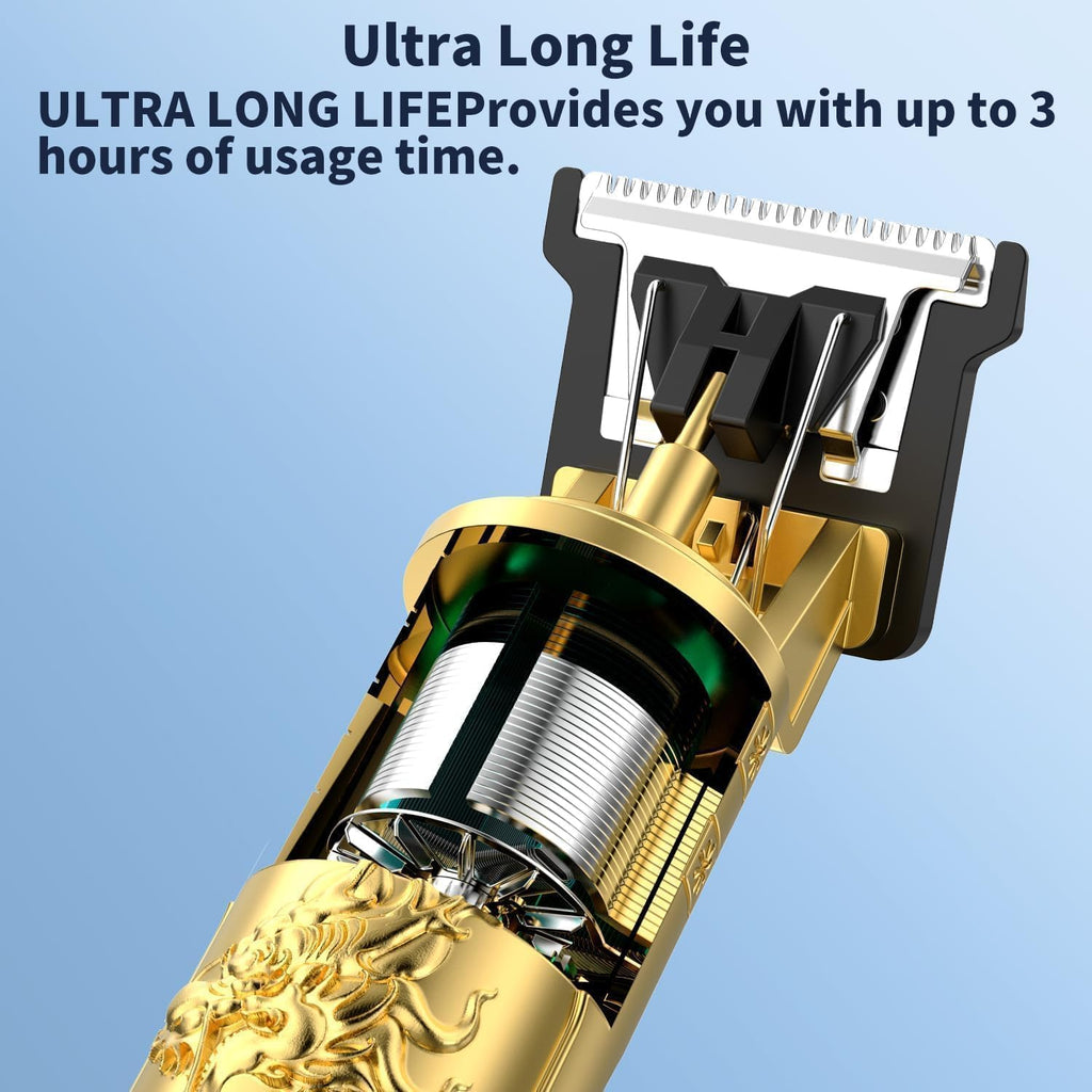 [Original] Professional Cordless Hair Trimmer for Men | Zero-Gap T-Blade Beard Trimmer & Hair Clipper | Rechargeable Electric Shaver with 4 Guide Combs, USB Charging & Dragon Metal Design (Gold)